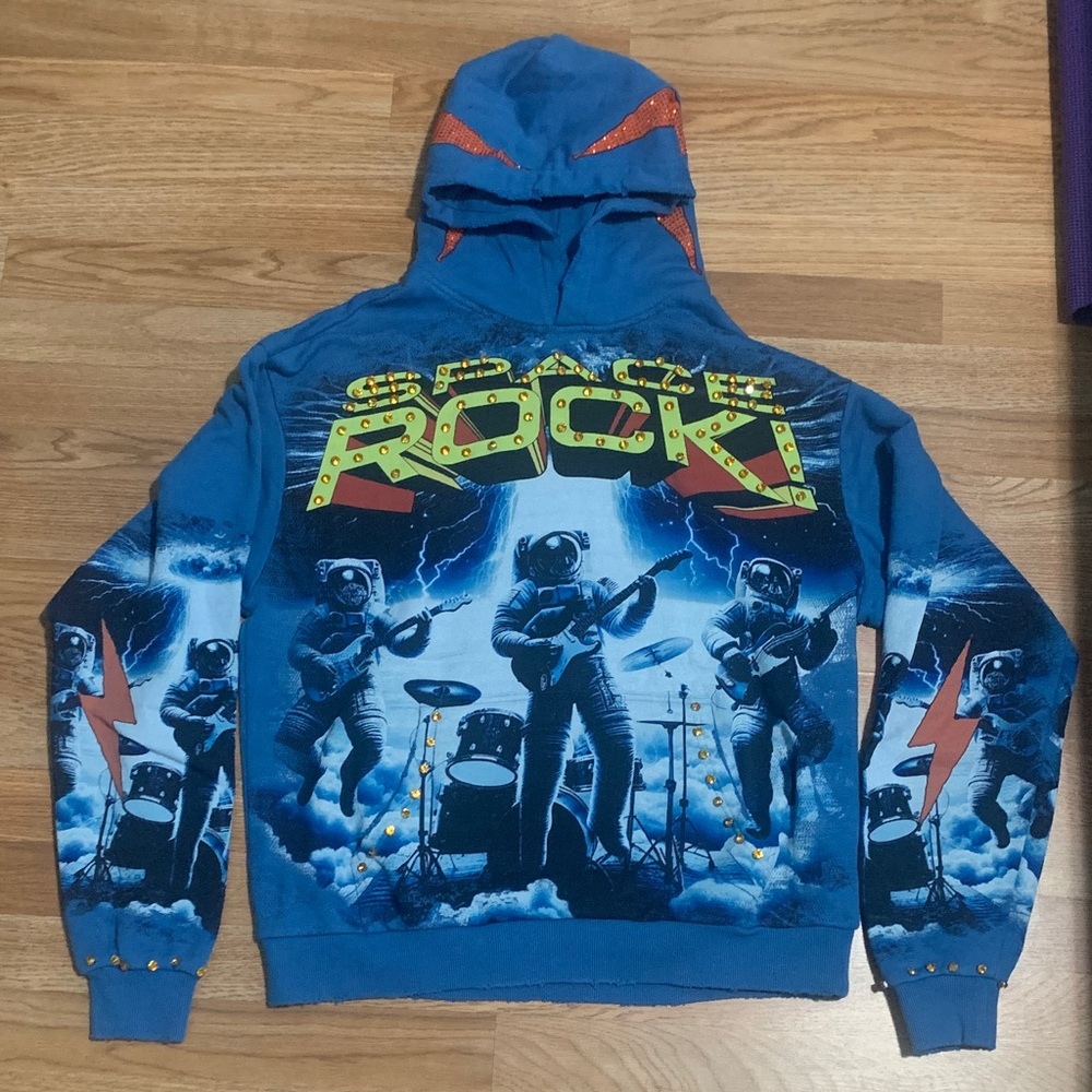 Men Blue Graphic Rock Hoodie Jacket